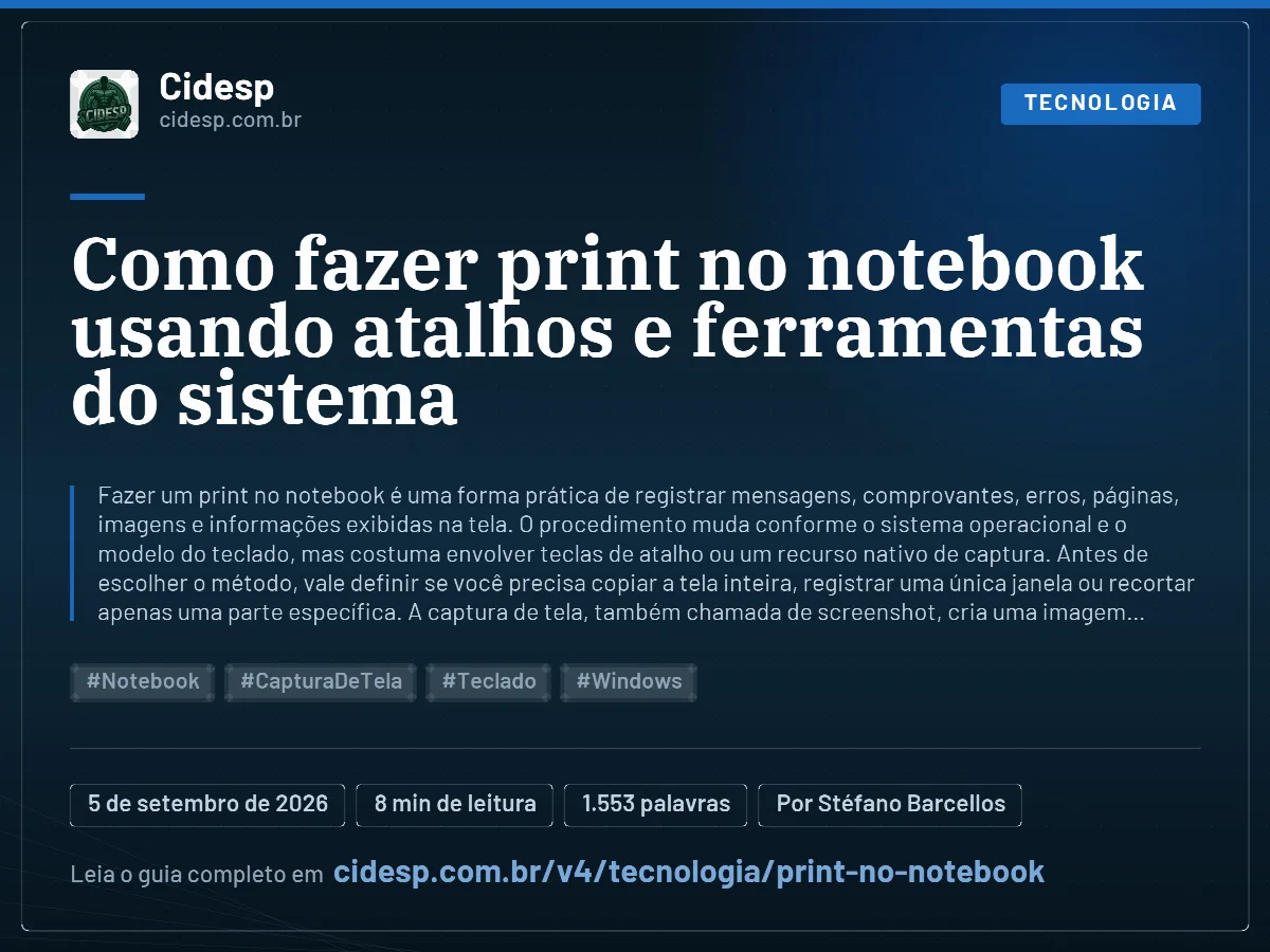 Cartão do artigo “Como fazer print no notebook usando atalhos e ferramentas do sistema”, com resumo, data de publicação e endereço da página.