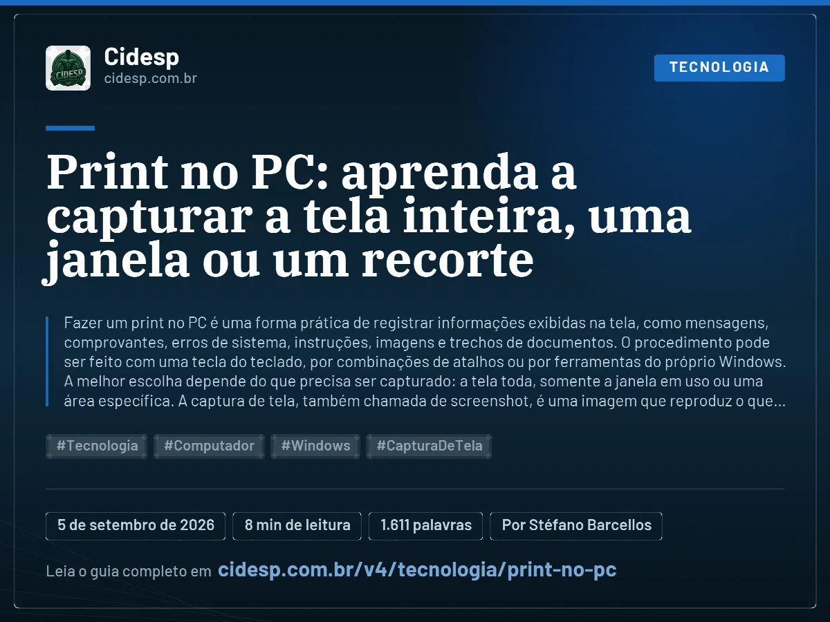 Cartão do artigo “Print no PC: aprenda a capturar a tela inteira, uma janela ou um recorte”, com resumo, data de publicação e endereço da página.