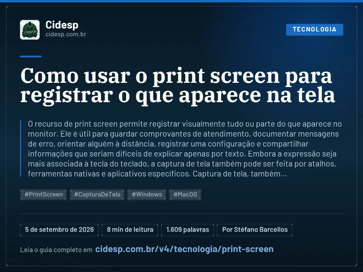 Cartão do artigo “Como usar o print screen para registrar o que aparece na tela”, com resumo, data de publicação e endereço da página.