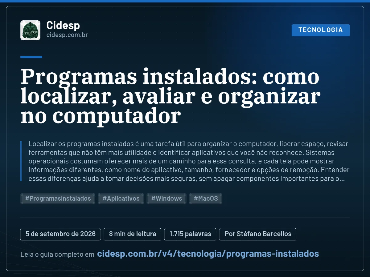 Cartão do artigo “Programas instalados: como localizar, avaliar e organizar no computador”, com resumo, data de publicação e endereço da página.