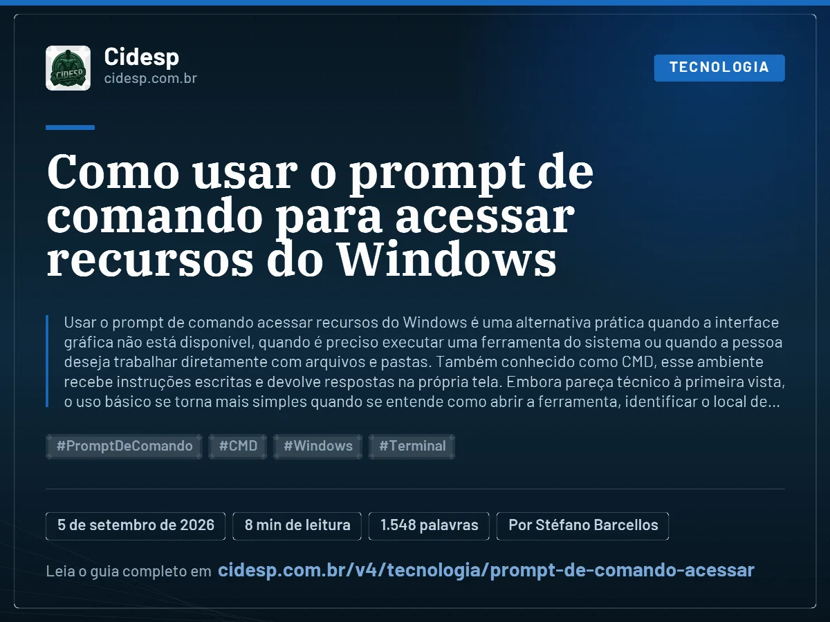 Cartão do artigo “Como usar o prompt de comando para acessar recursos do Windows”, com resumo, data de publicação e endereço da página.