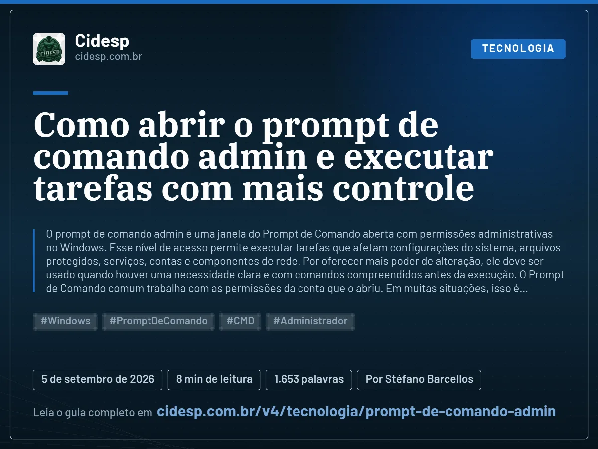 Cartão do artigo “Como abrir o prompt de comando admin e executar tarefas com mais controle”, com resumo, data de publicação e endereço da página.