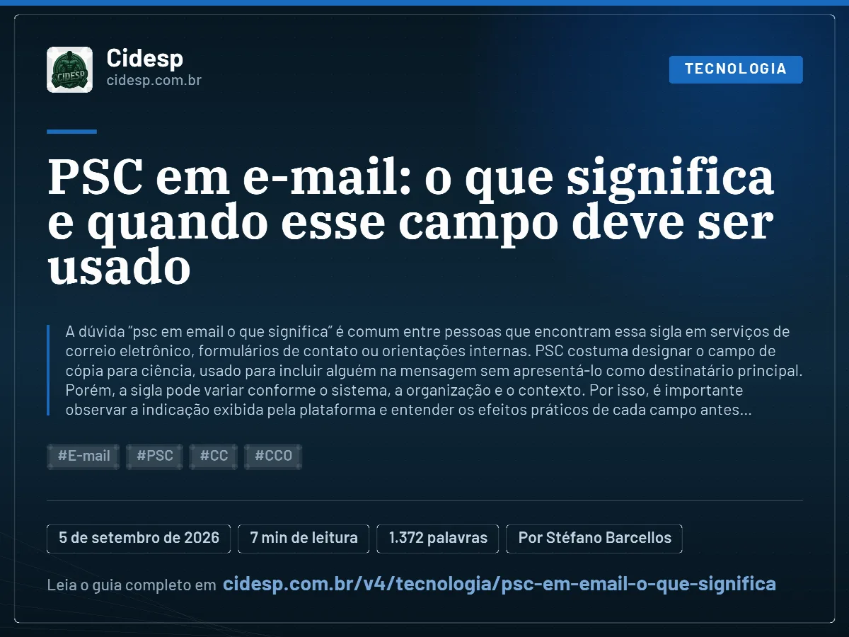 Cartão do artigo “PSC em e-mail: o que significa e quando esse campo deve ser usado”, com resumo, data de publicação e endereço da página.