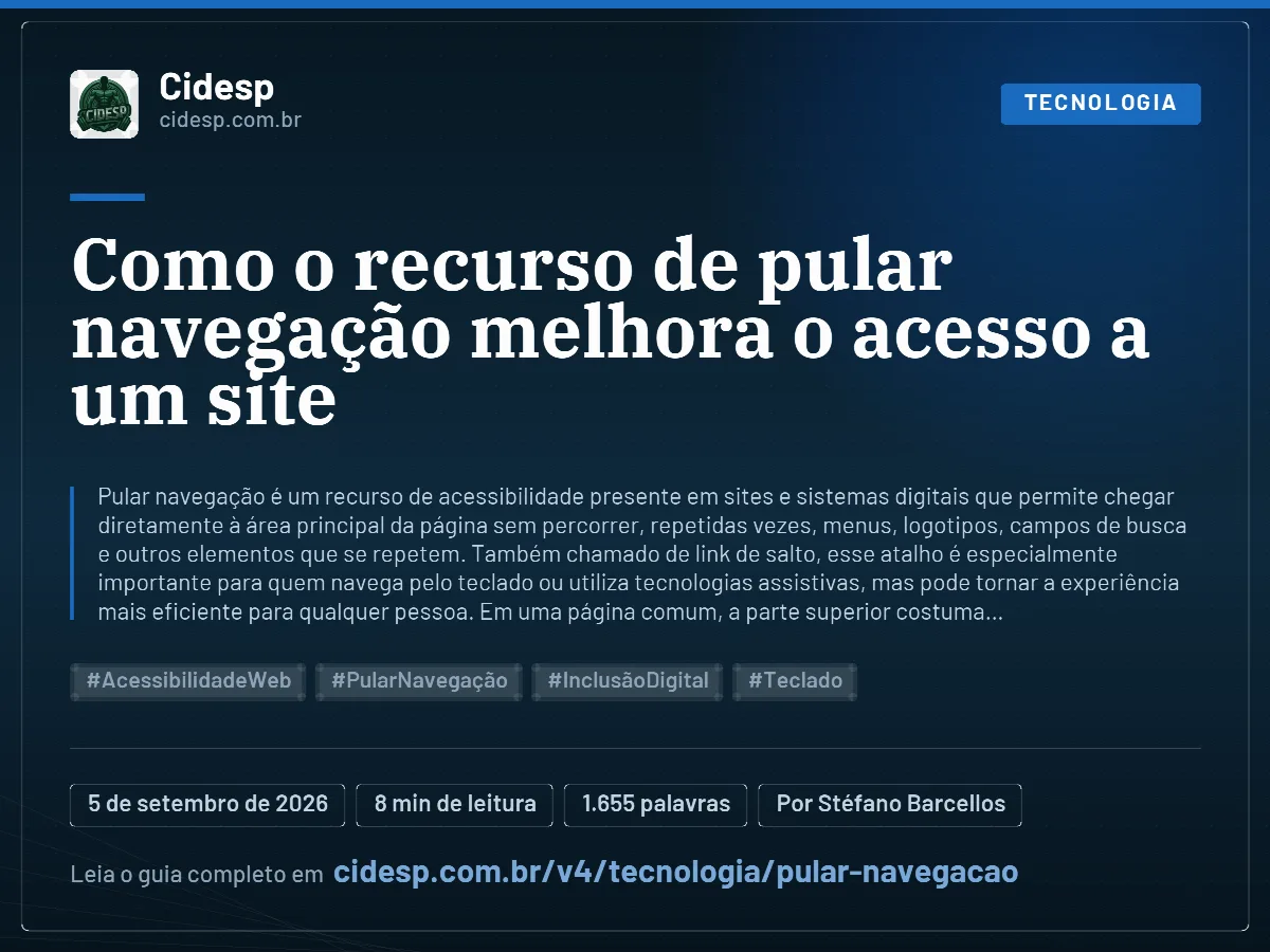 Cartão do artigo “Como o recurso de pular navegação melhora o acesso a um site”, com resumo, data de publicação e endereço da página.