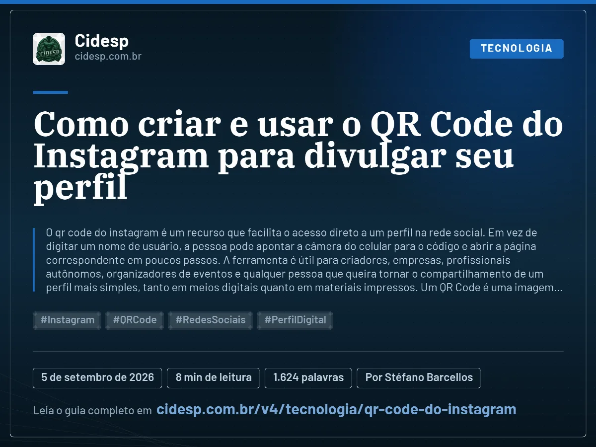 Cartão do artigo “Como criar e usar o QR Code do Instagram para divulgar seu perfil”, com resumo, data de publicação e endereço da página.