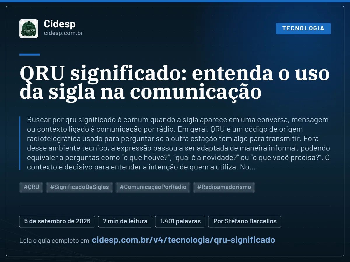 Cartão do artigo “QRU significado: entenda o uso da sigla na comunicação”, com resumo, data de publicação e endereço da página.