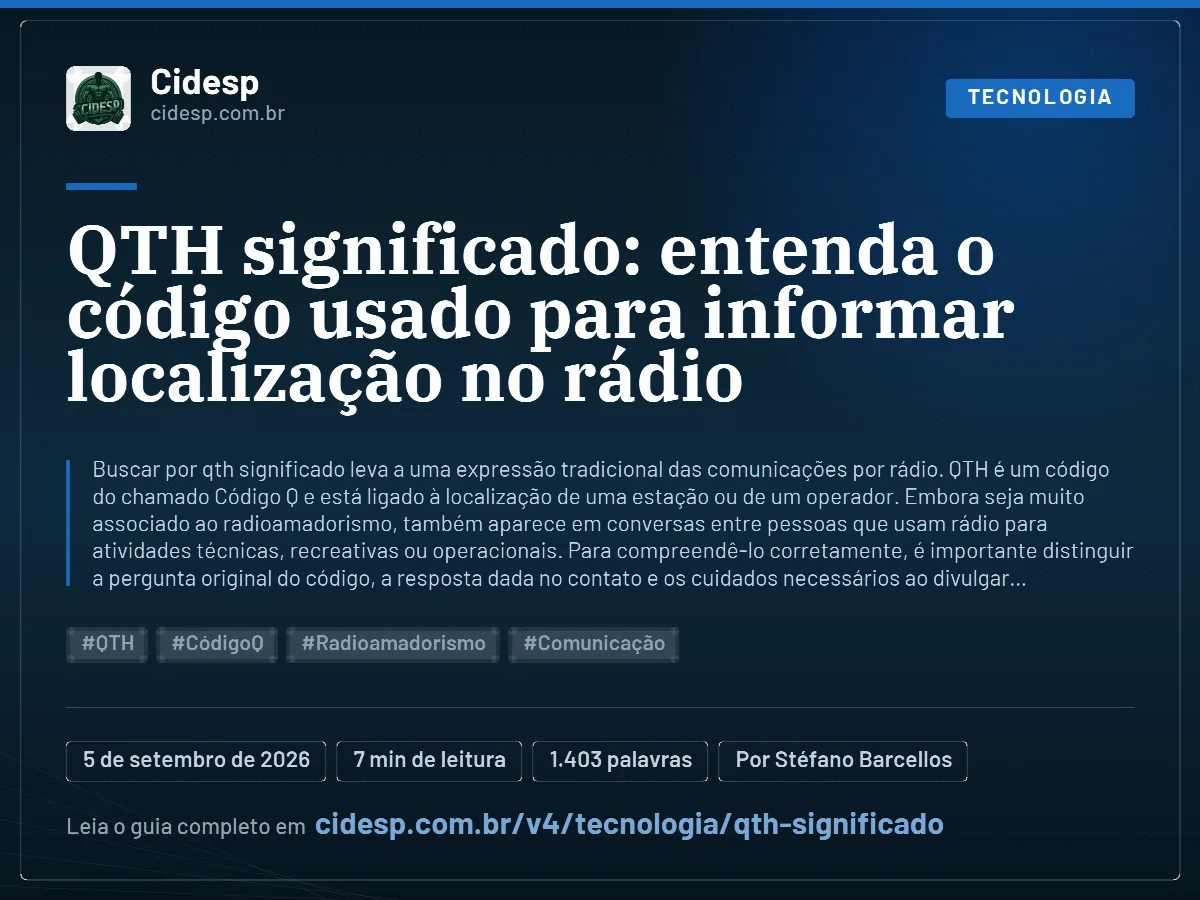 Cartão do artigo “QTH significado: entenda o código usado para informar localização no rádio”, com resumo, data de publicação e endereço da página.