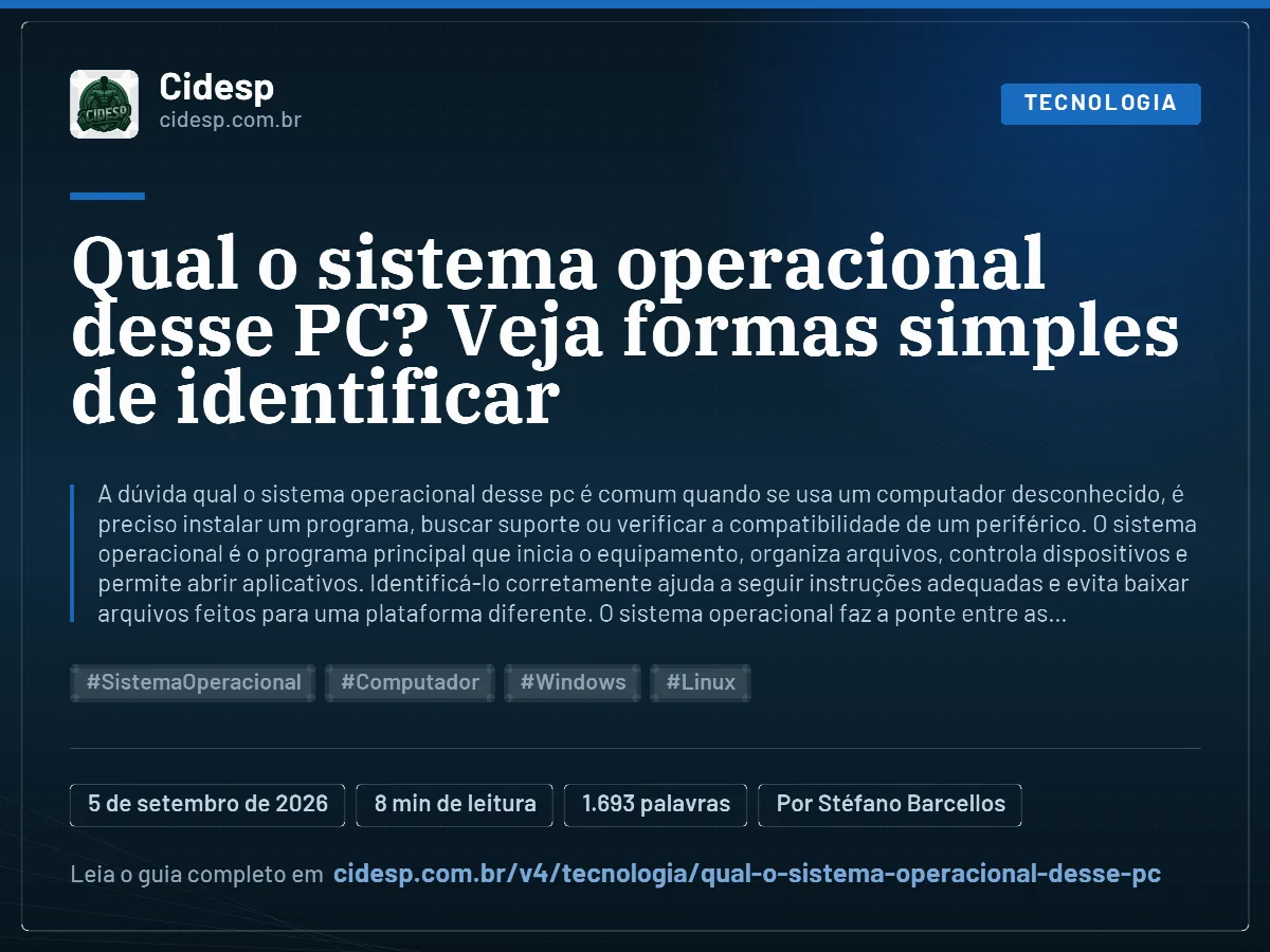 Cartão do artigo “Qual o sistema operacional desse PC? Veja formas simples de identificar”, com resumo, data de publicação e endereço da página.