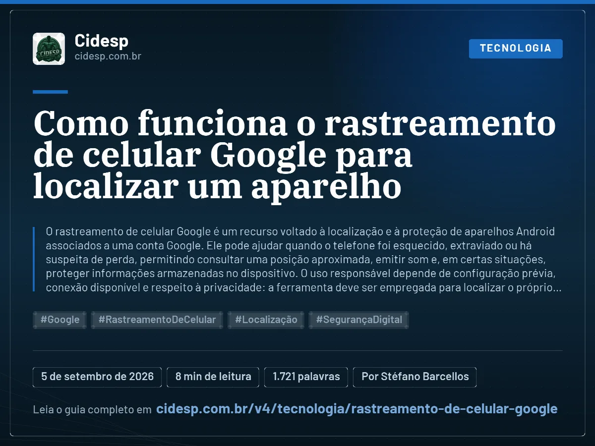 Cartão do artigo “Como funciona o rastreamento de celular Google para localizar um aparelho”, com resumo, data de publicação e endereço da página.