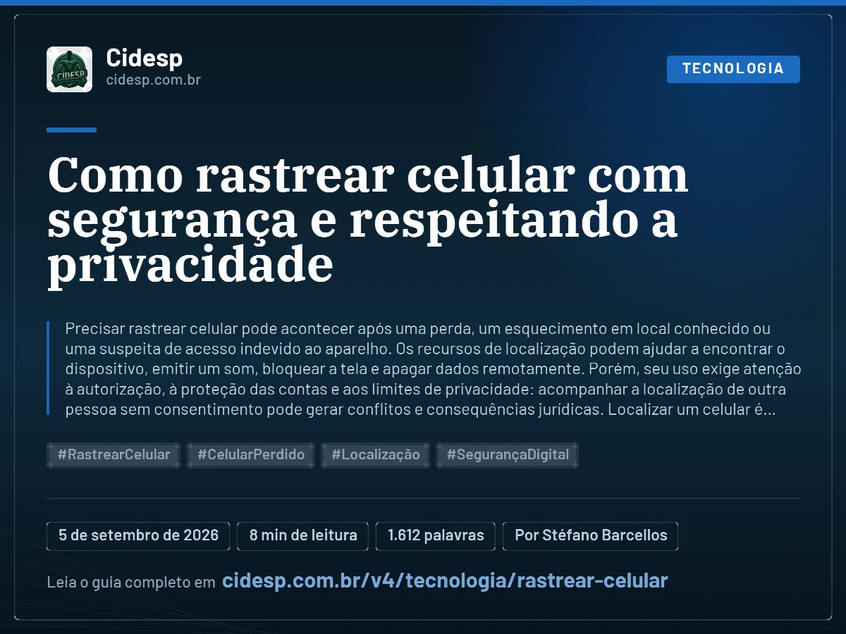 Cartão do artigo “Como rastrear celular com segurança e respeitando a privacidade”, com resumo, data de publicação e endereço da página.