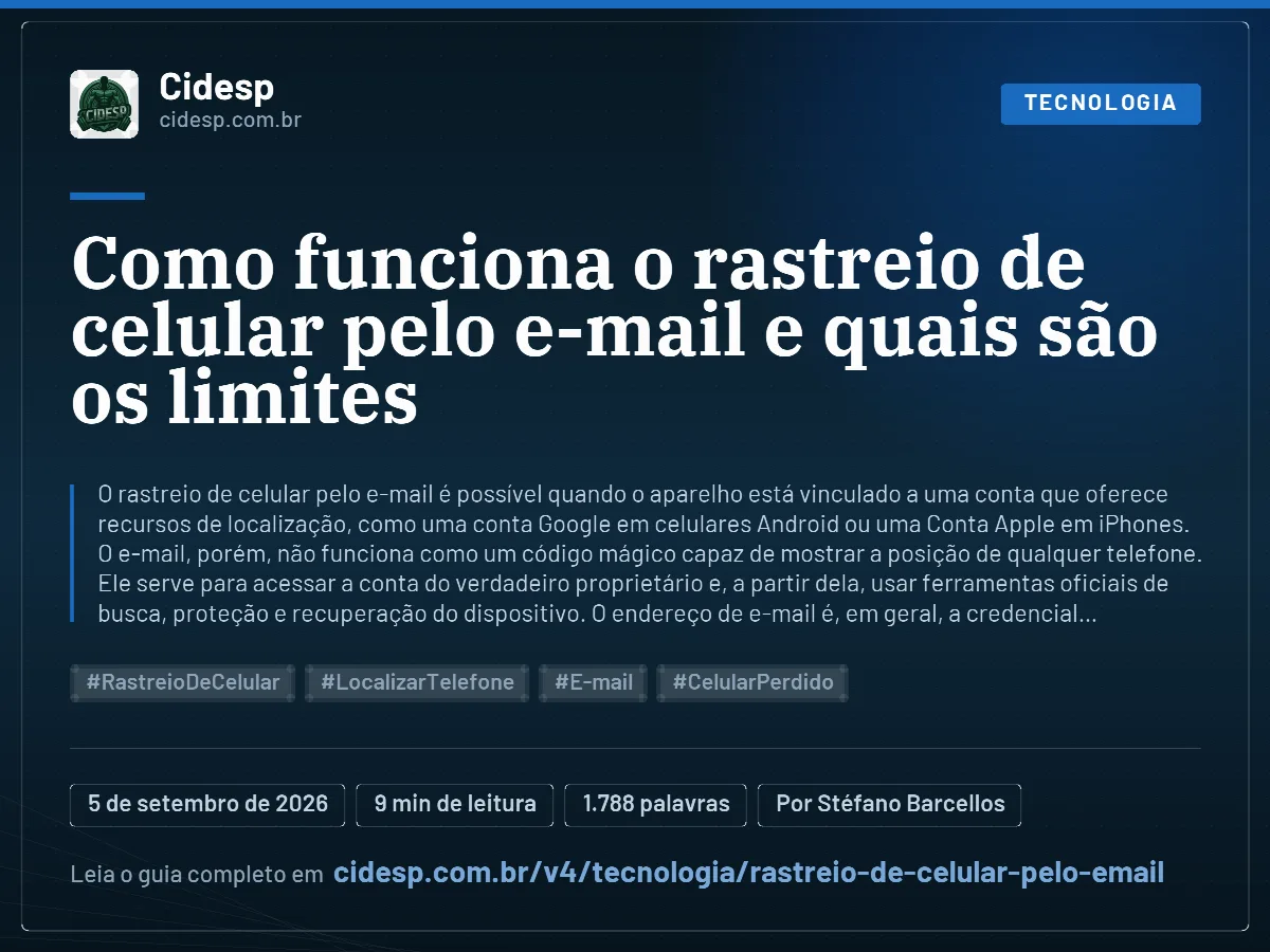 Cartão do artigo “Como funciona o rastreio de celular pelo e-mail e quais são os limites”, com resumo, data de publicação e endereço da página.