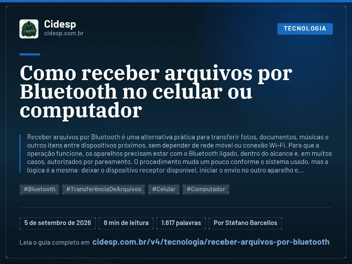 Cartão do artigo “Como receber arquivos por Bluetooth no celular ou computador”, com resumo, data de publicação e endereço da página.