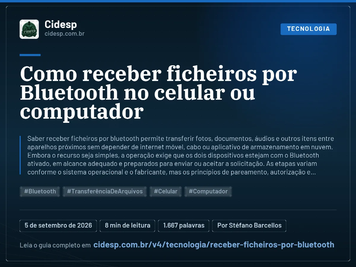 Cartão do artigo “Como receber ficheiros por Bluetooth no celular ou computador”, com resumo, data de publicação e endereço da página.
