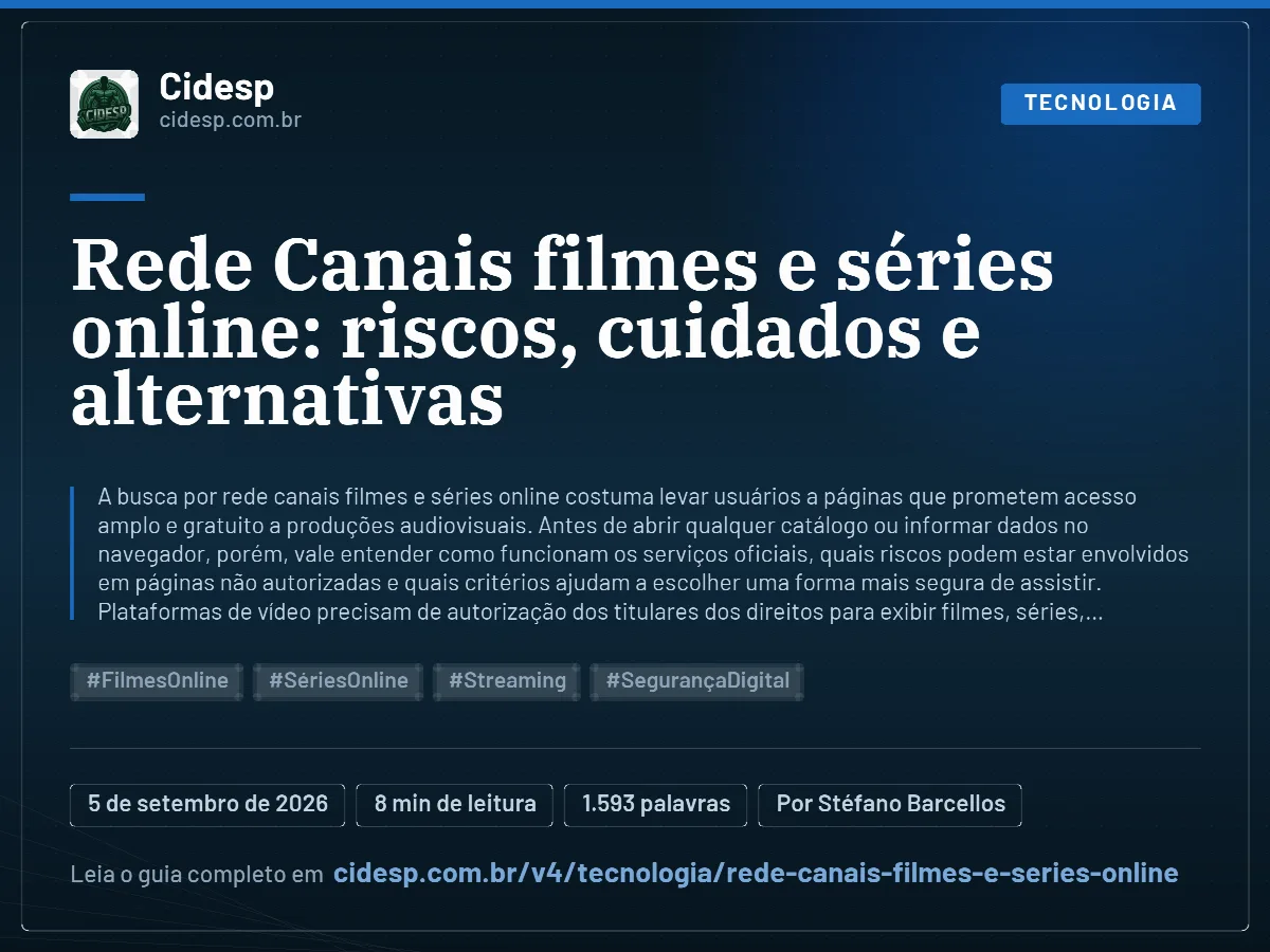 Cartão do artigo “Rede Canais filmes e séries online: riscos, cuidados e alternativas”, com resumo, data de publicação e endereço da página.