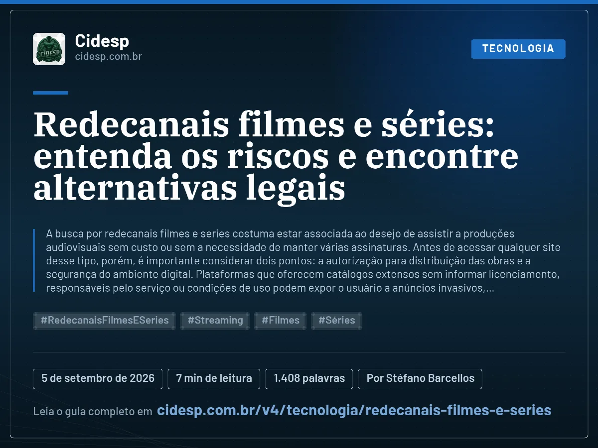 Cartão do artigo “Redecanais filmes e séries: entenda os riscos e encontre alternativas legais”, com resumo, data de publicação e endereço da página.