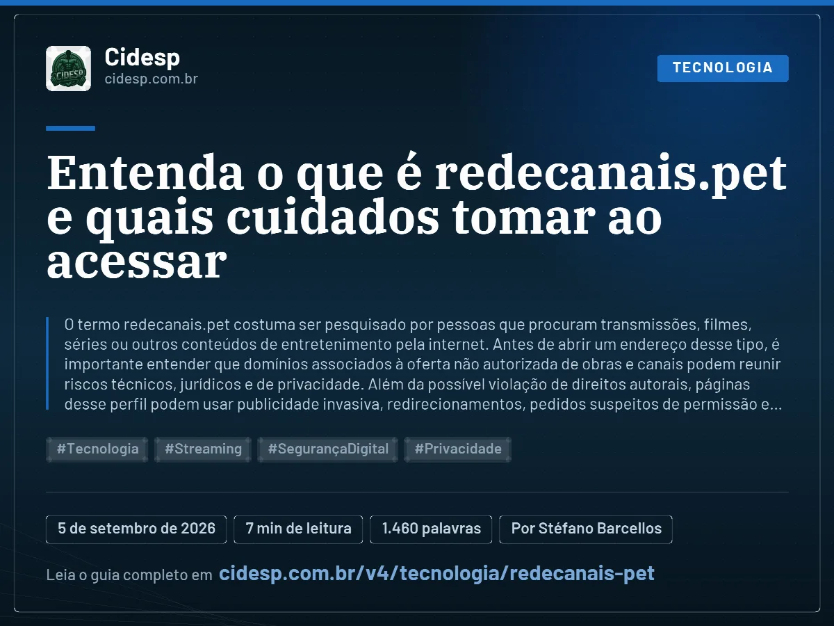 Cartão do artigo “Entenda o que é redecanais.pet e quais cuidados tomar ao acessar”, com resumo, data de publicação e endereço da página.