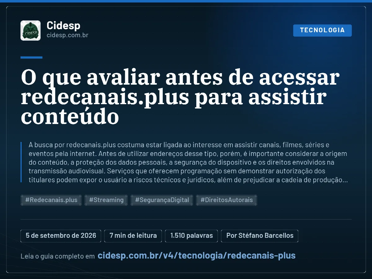 Cartão do artigo “O que avaliar antes de acessar redecanais.plus para assistir conteúdo”, com resumo, data de publicação e endereço da página.