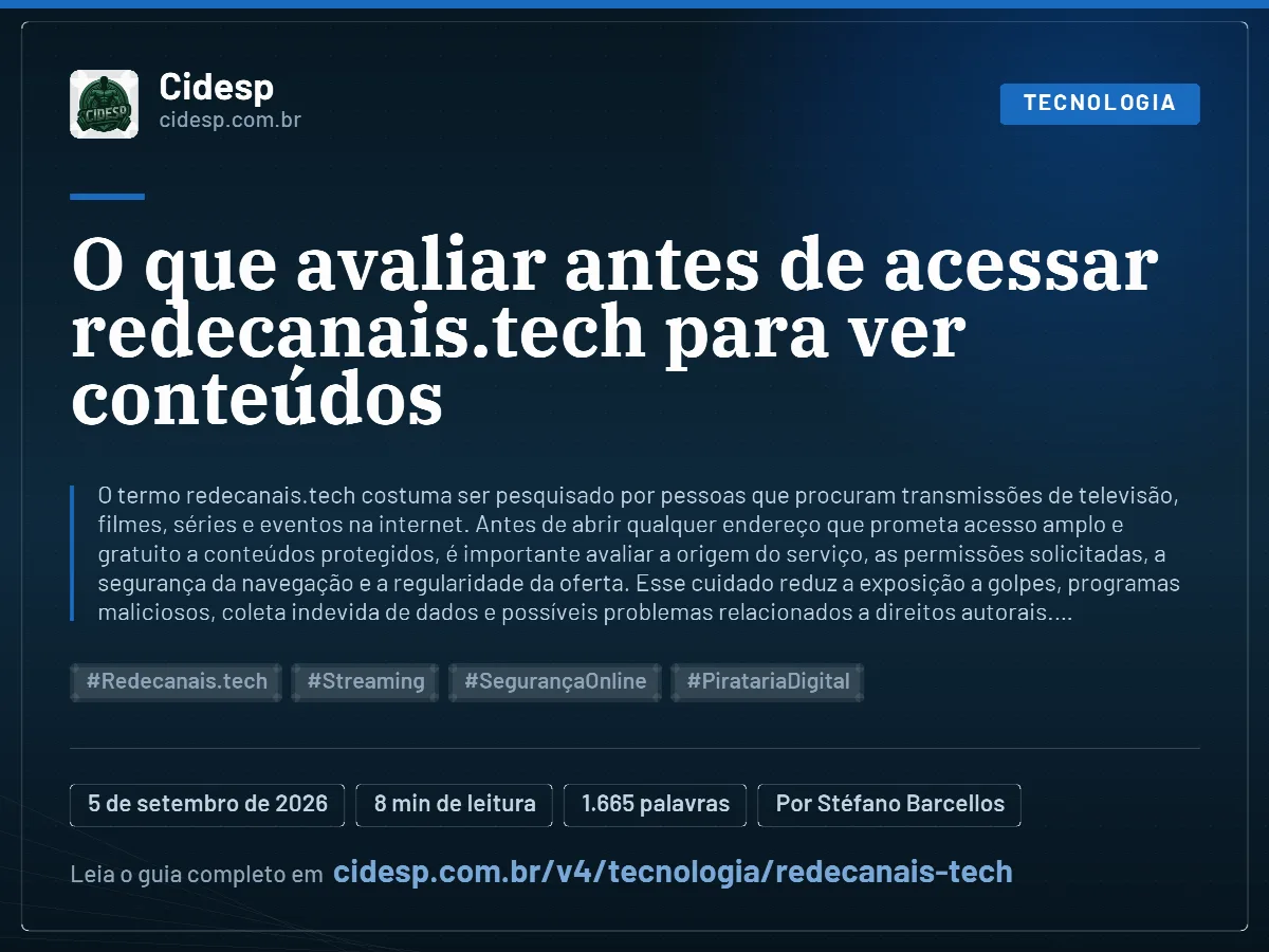 Cartão do artigo “O que avaliar antes de acessar redecanais.tech para ver conteúdos”, com resumo, data de publicação e endereço da página.