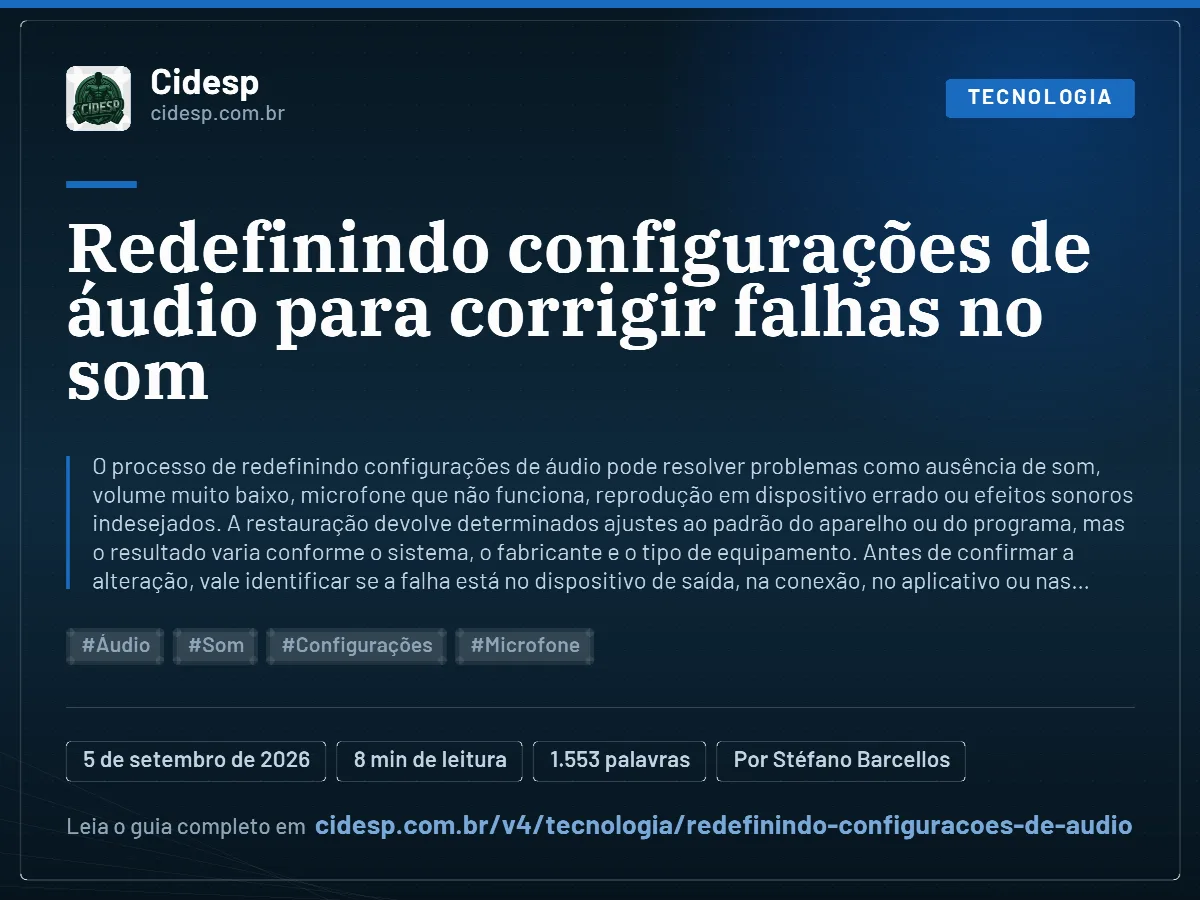 Cartão do artigo “Redefinindo configurações de áudio para corrigir falhas no som”, com resumo, data de publicação e endereço da página.