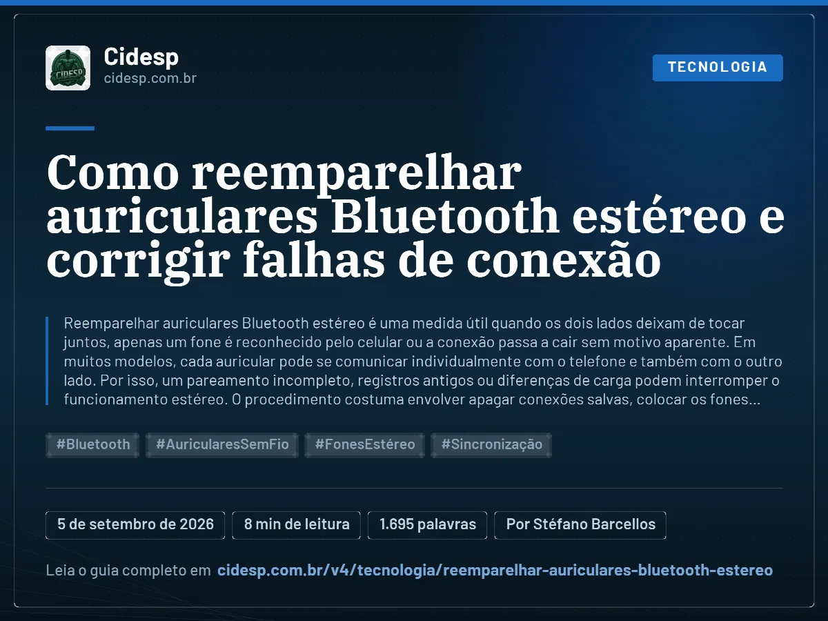 Cartão do artigo “Como reemparelhar auriculares Bluetooth estéreo e corrigir falhas de conexão”, com resumo, data de publicação e endereço da página.
