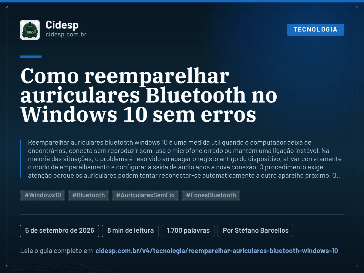 Cartão do artigo “Como reemparelhar auriculares Bluetooth no Windows 10 sem erros”, com resumo, data de publicação e endereço da página.