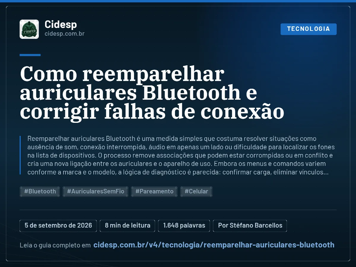 Cartão do artigo “Como reemparelhar auriculares Bluetooth e corrigir falhas de conexão”, com resumo, data de publicação e endereço da página.