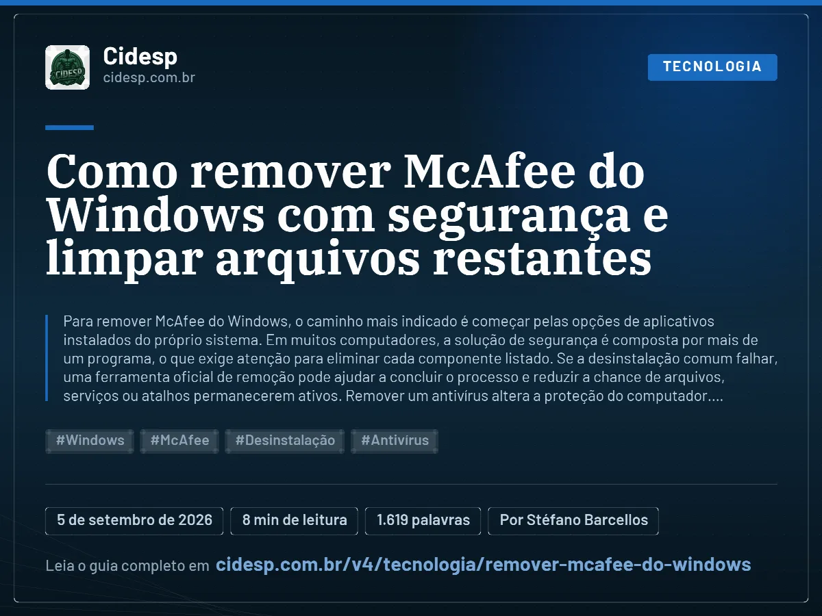 Cartão do artigo “Como remover McAfee do Windows com segurança e limpar arquivos restantes”, com resumo, data de publicação e endereço da página.