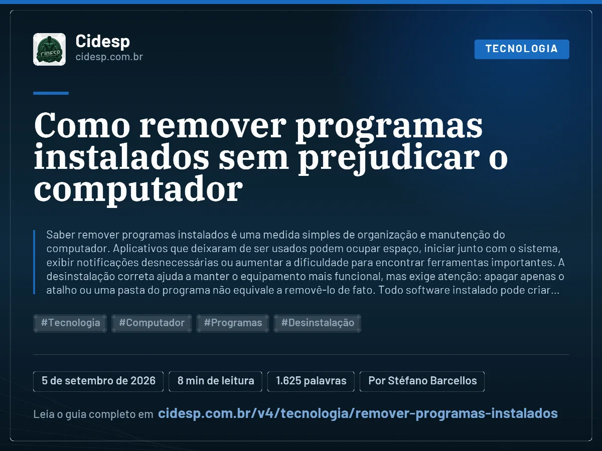 Cartão do artigo “Como remover programas instalados sem prejudicar o computador”, com resumo, data de publicação e endereço da página.