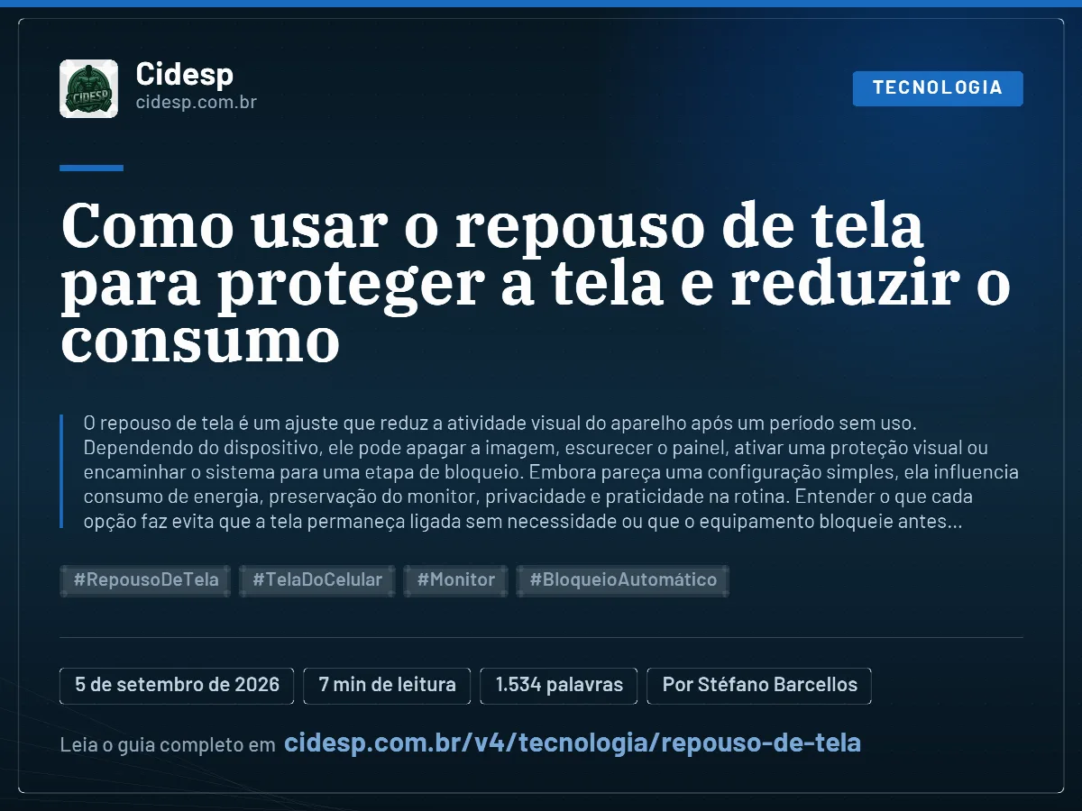 Cartão do artigo “Como usar o repouso de tela para proteger a tela e reduzir o consumo”, com resumo, data de publicação e endereço da página.