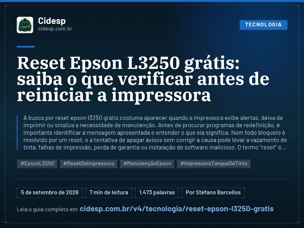 Cartão do artigo “Reset Epson L3250 grátis: saiba o que verificar antes de reiniciar a impressora”, com resumo, data de publicação e endereço da página.