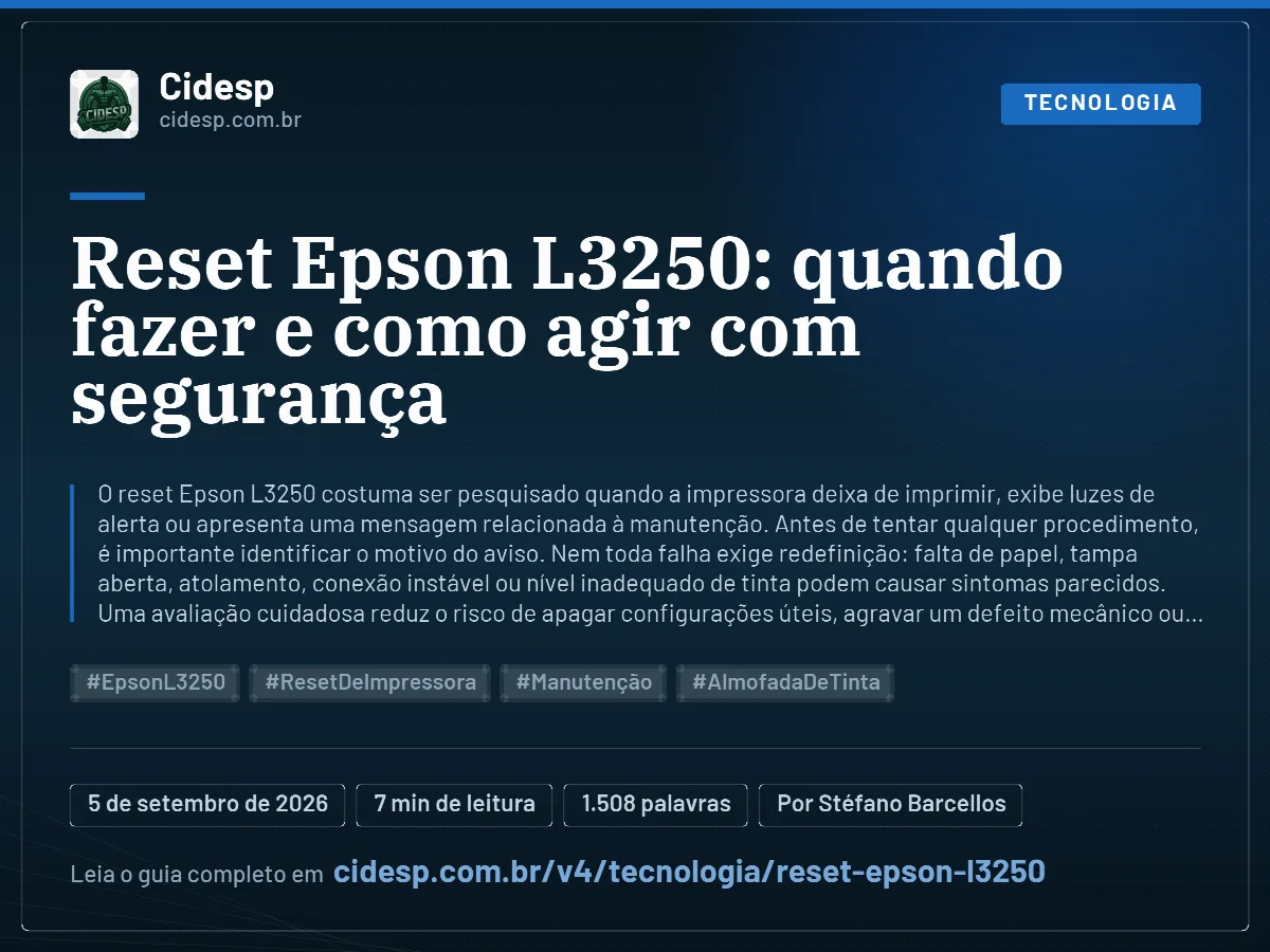 Cartão do artigo “Reset Epson L3250: quando fazer e como agir com segurança”, com resumo, data de publicação e endereço da página.