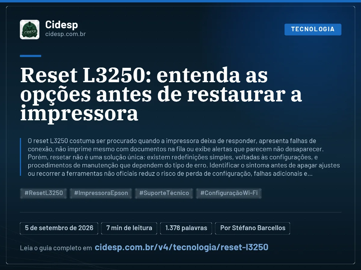 Cartão do artigo “Reset L3250: entenda as opções antes de restaurar a impressora”, com resumo, data de publicação e endereço da página.