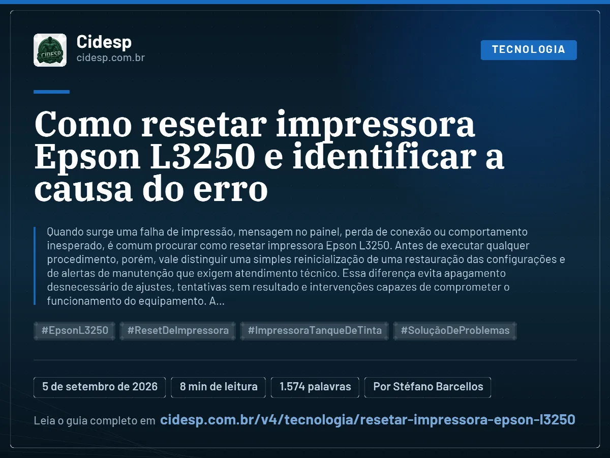 Cartão do artigo “Como resetar impressora Epson L3250 e identificar a causa do erro”, com resumo, data de publicação e endereço da página.