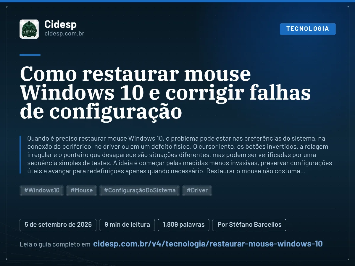 Cartão do artigo “Como restaurar mouse Windows 10 e corrigir falhas de configuração”, com resumo, data de publicação e endereço da página.