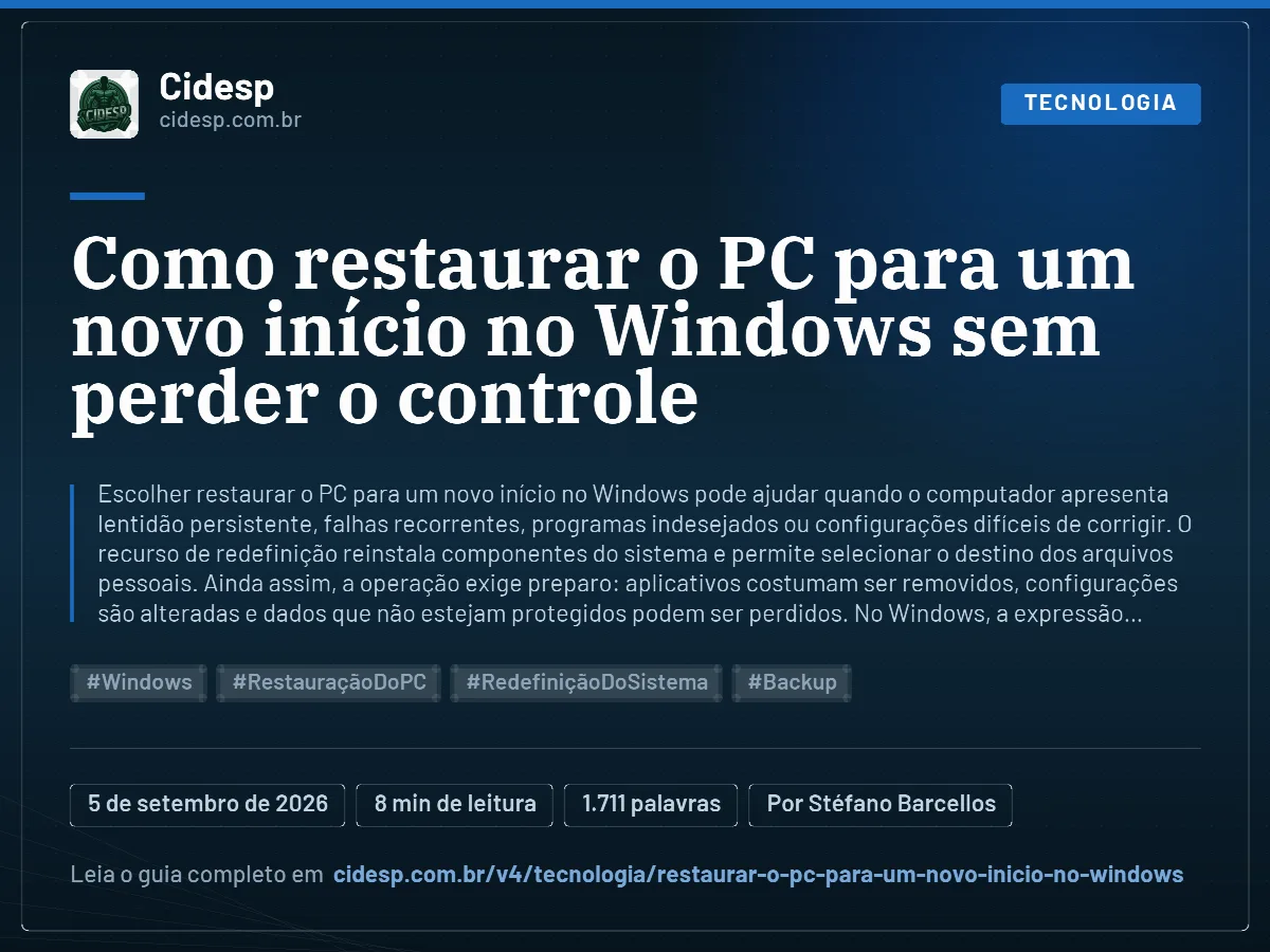 Cartão do artigo “Como restaurar o PC para um novo início no Windows sem perder o controle”, com resumo, data de publicação e endereço da página.