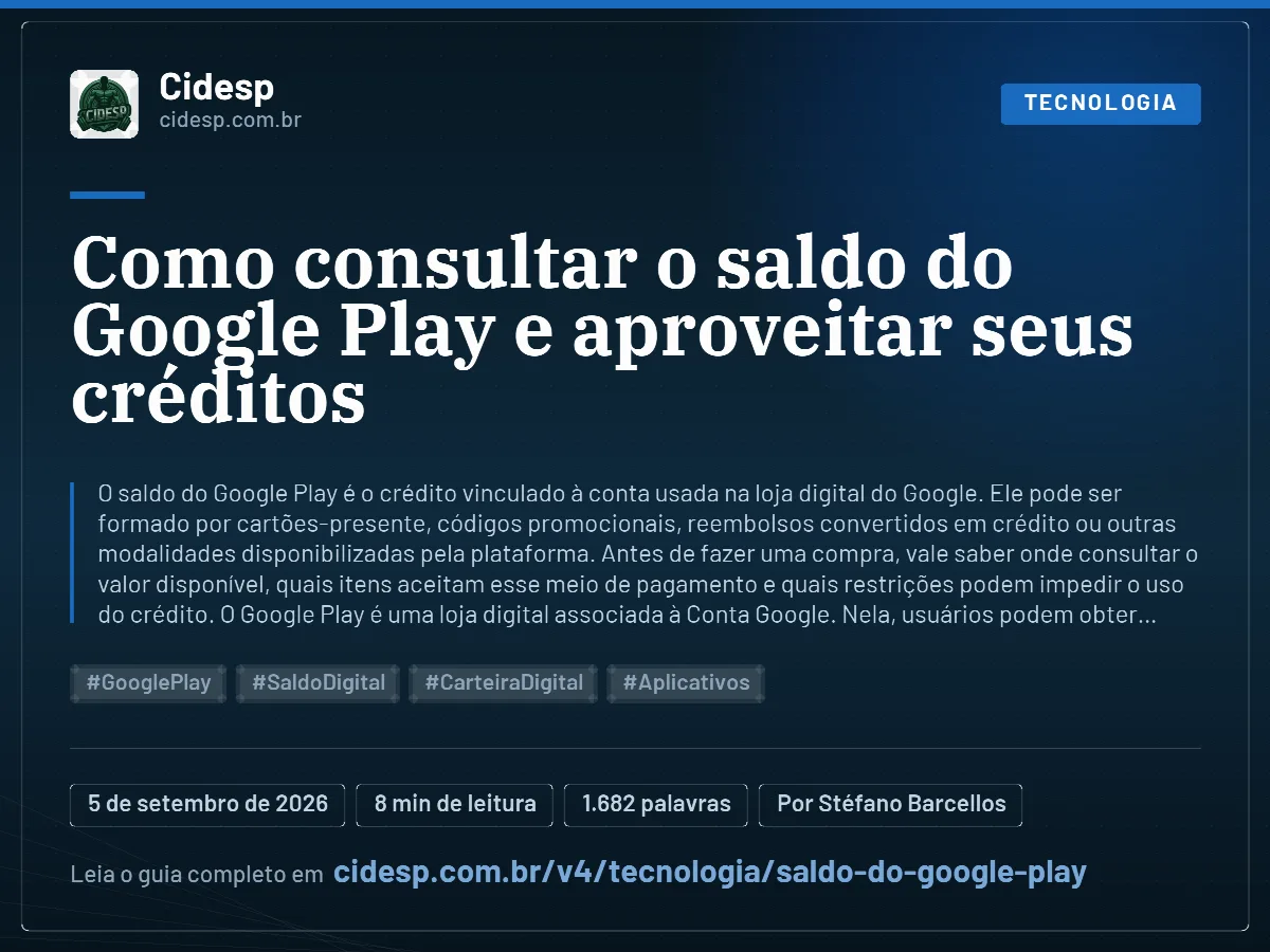 Cartão do artigo “Como consultar o saldo do Google Play e aproveitar seus créditos”, com resumo, data de publicação e endereço da página.