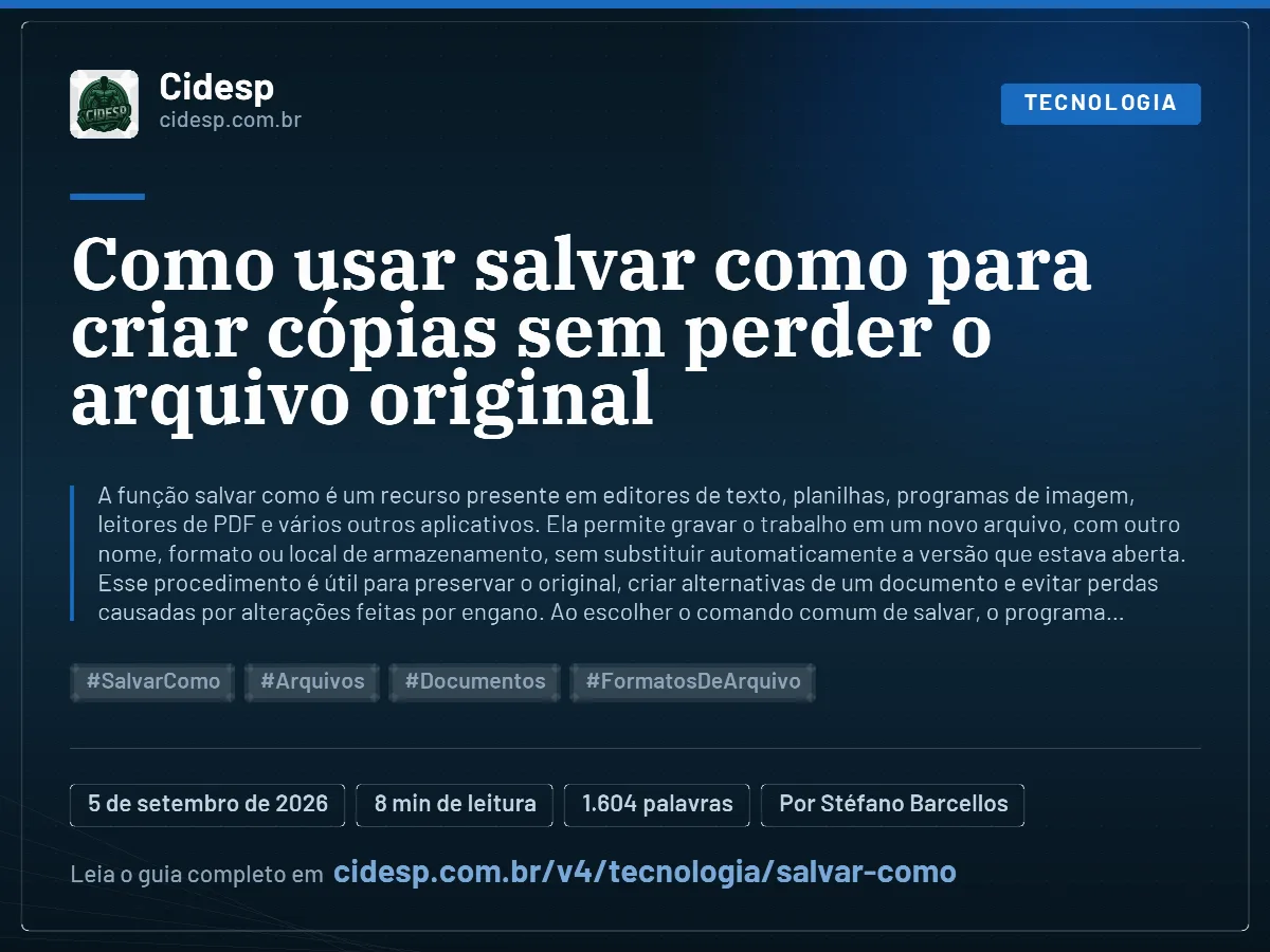 Cartão do artigo “Como usar salvar como para criar cópias sem perder o arquivo original”, com resumo, data de publicação e endereço da página.