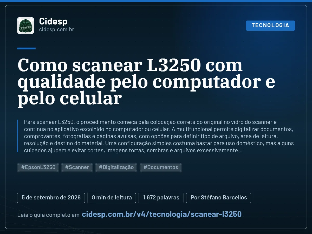 Cartão do artigo “Como scanear L3250 com qualidade pelo computador e pelo celular”, com resumo, data de publicação e endereço da página.
