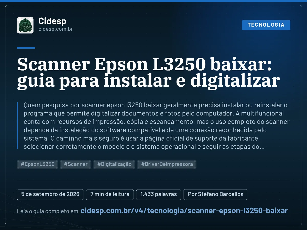 Cartão do artigo “Scanner Epson L3250 baixar: guia para instalar e digitalizar”, com resumo, data de publicação e endereço da página.