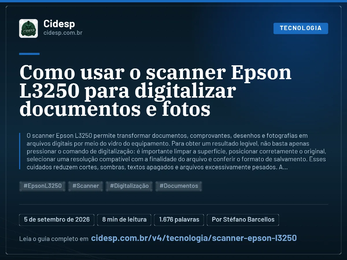 Cartão do artigo “Como usar o scanner Epson L3250 para digitalizar documentos e fotos”, com resumo, data de publicação e endereço da página.