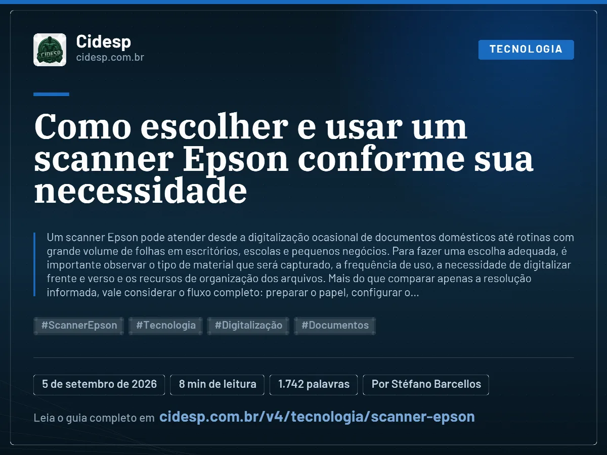 Cartão do artigo “Como escolher e usar um scanner Epson conforme sua necessidade”, com resumo, data de publicação e endereço da página.