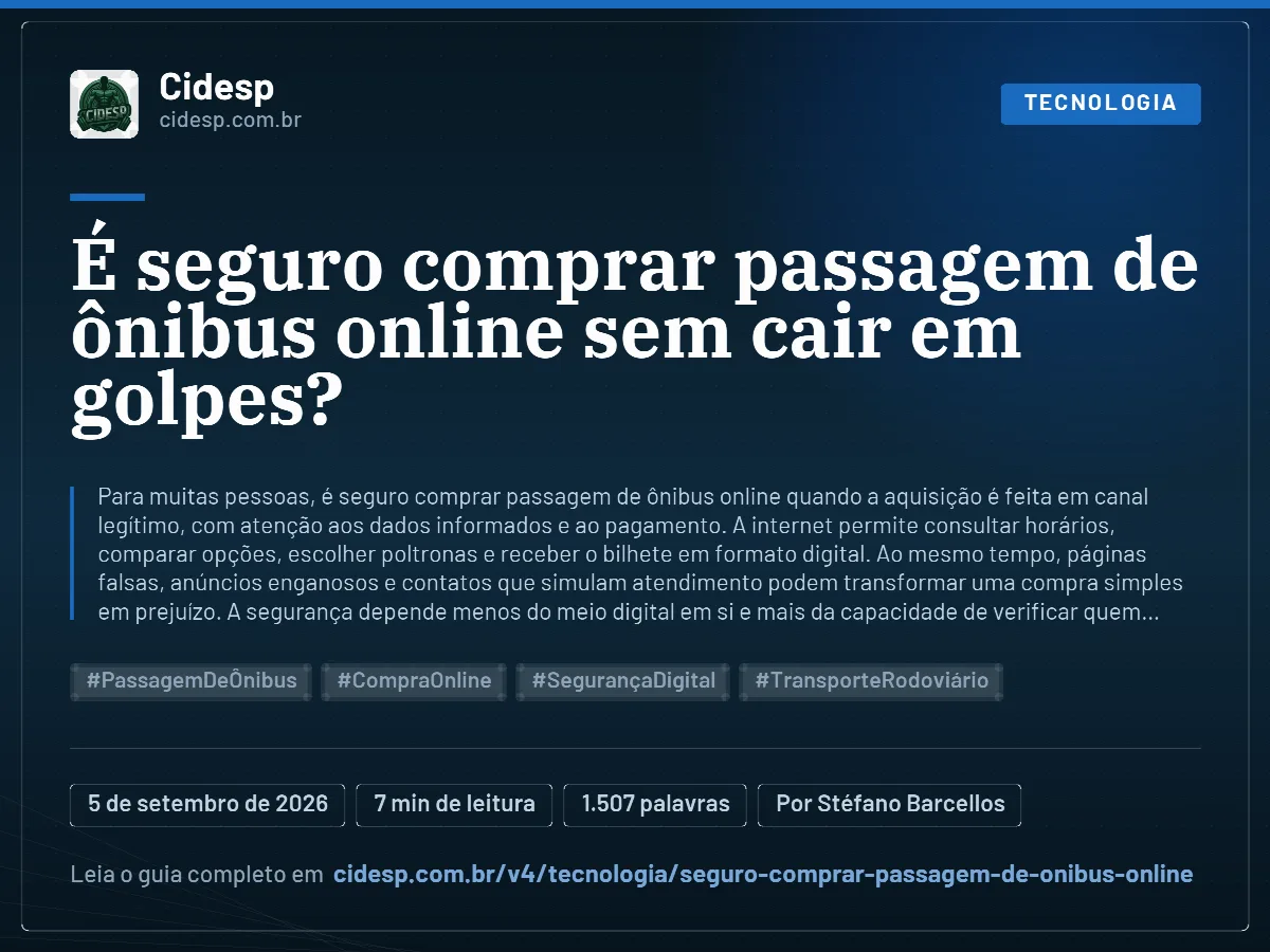 Cartão do artigo “É seguro comprar passagem de ônibus online sem cair em golpes?”, com resumo, data de publicação e endereço da página.