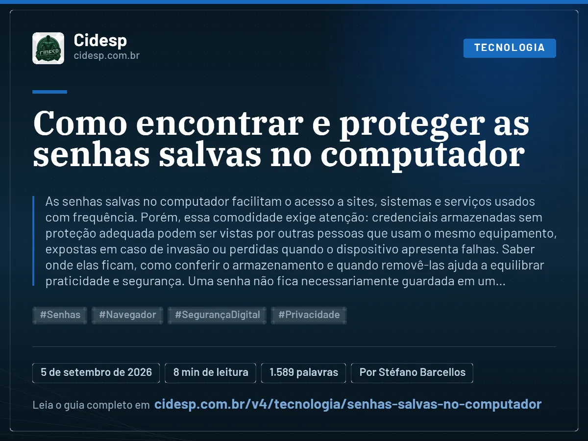 Cartão do artigo “Como encontrar e proteger as senhas salvas no computador”, com resumo, data de publicação e endereço da página.