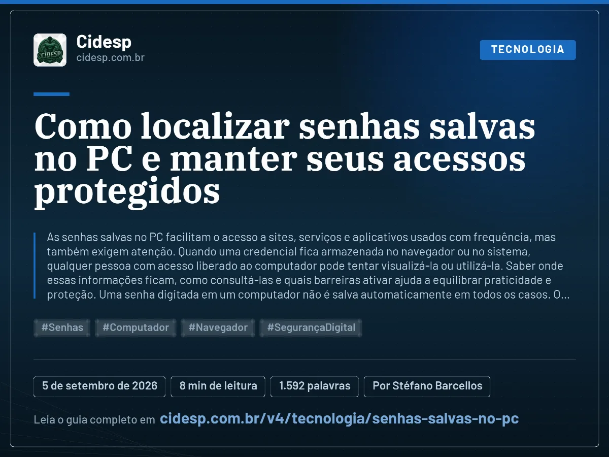 Cartão do artigo “Como localizar senhas salvas no PC e manter seus acessos protegidos”, com resumo, data de publicação e endereço da página.