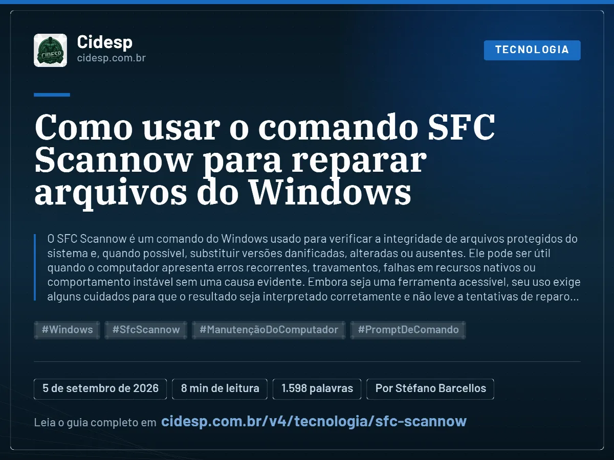 Cartão do artigo “Como usar o comando SFC Scannow para reparar arquivos do Windows”, com resumo, data de publicação e endereço da página.