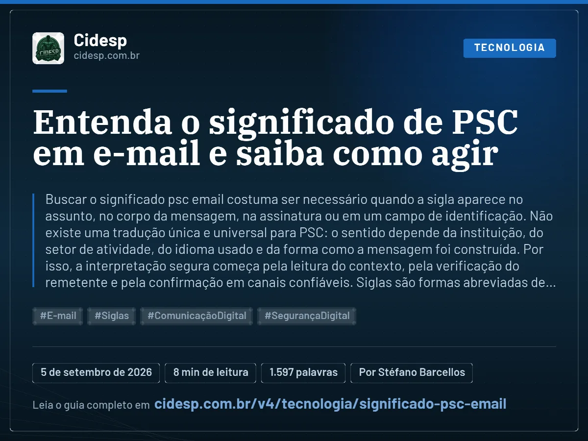 Cartão do artigo “Entenda o significado de PSC em e-mail e saiba como agir”, com resumo, data de publicação e endereço da página.