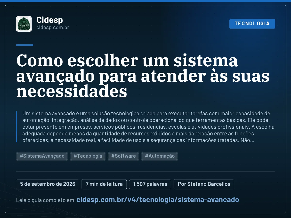 Cartão do artigo “Como escolher um sistema avançado para atender às suas necessidades”, com resumo, data de publicação e endereço da página.