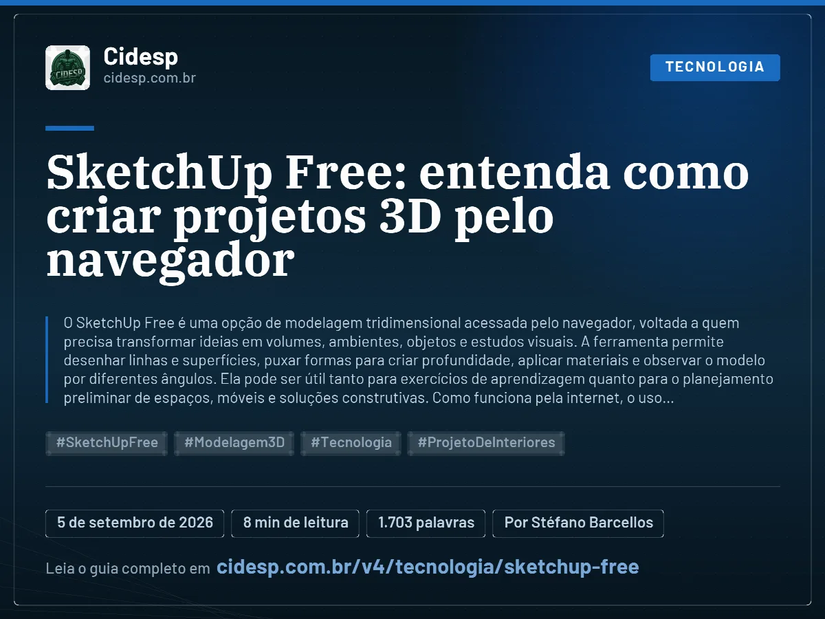Cartão do artigo “SketchUp Free: entenda como criar projetos 3D pelo navegador”, com resumo, data de publicação e endereço da página.