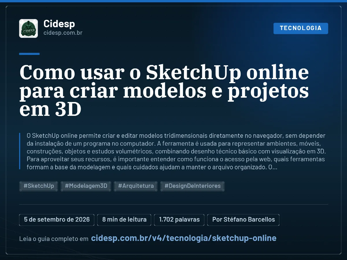 Cartão do artigo “Como usar o SketchUp online para criar modelos e projetos em 3D”, com resumo, data de publicação e endereço da página.
