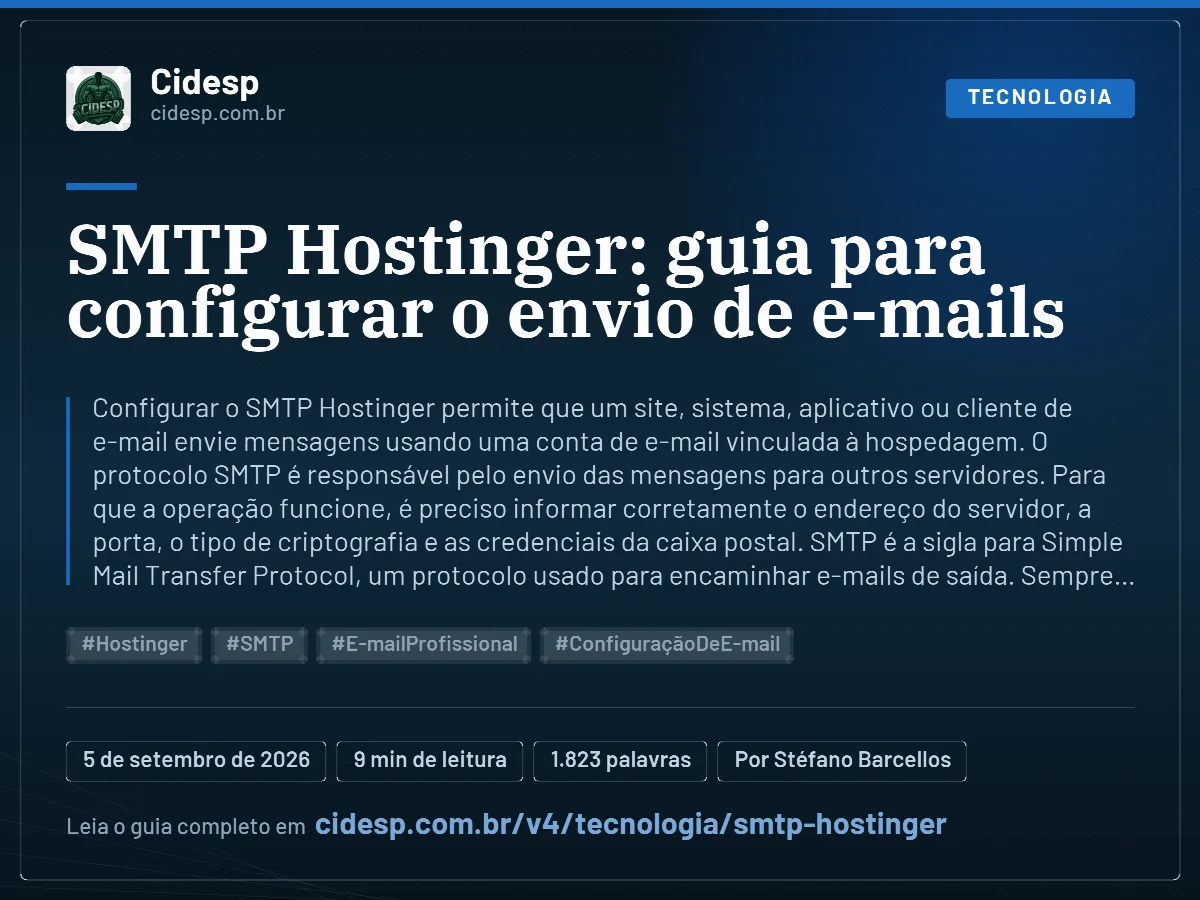 Cartão do artigo “SMTP Hostinger: guia para configurar o envio de e-mails”, com resumo, data de publicação e endereço da página.